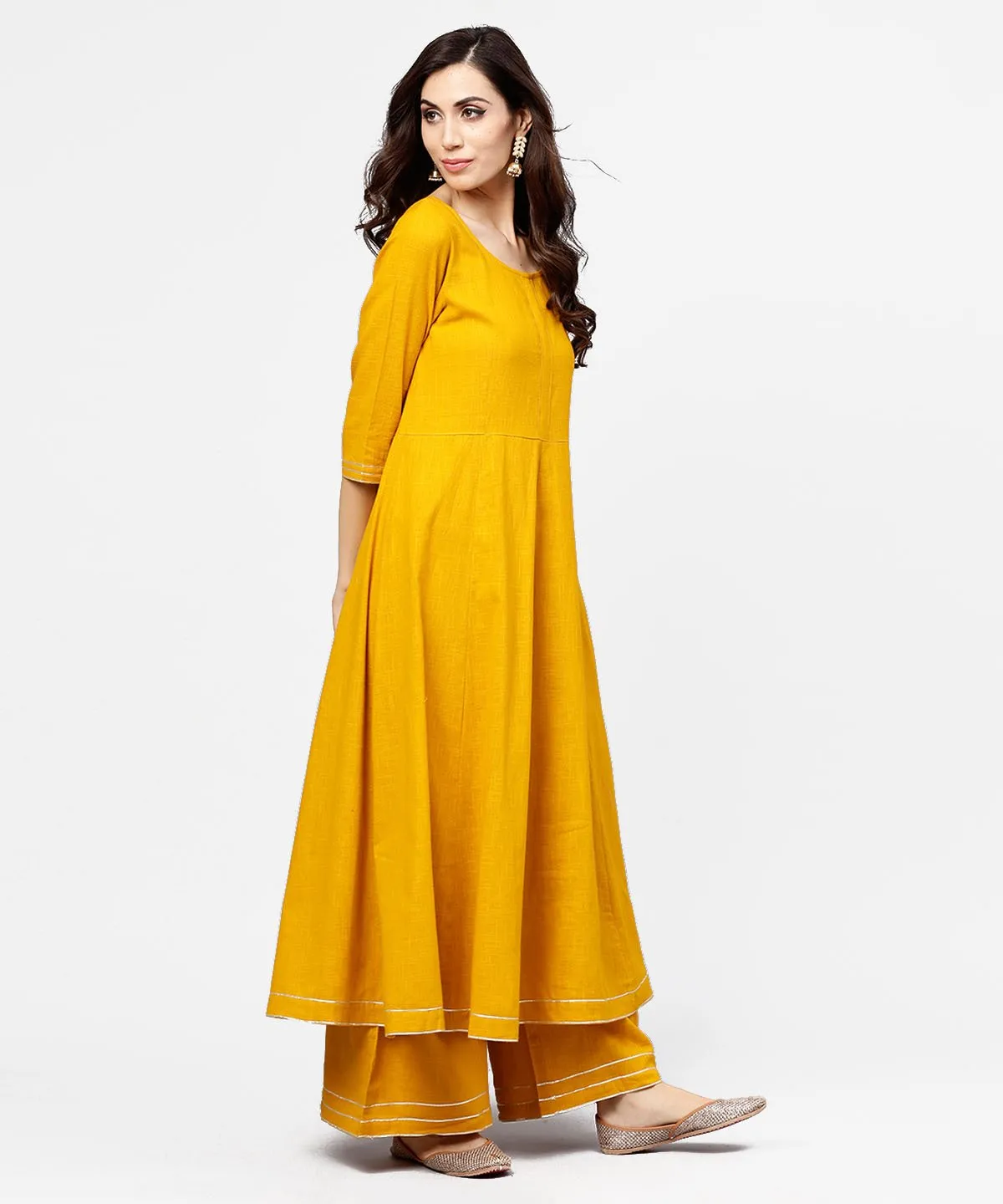 Yellow 3/4Th Sleeve Cotton Anarkali Kurta With Ankle Length Flared Pallazo With Gotta Work
