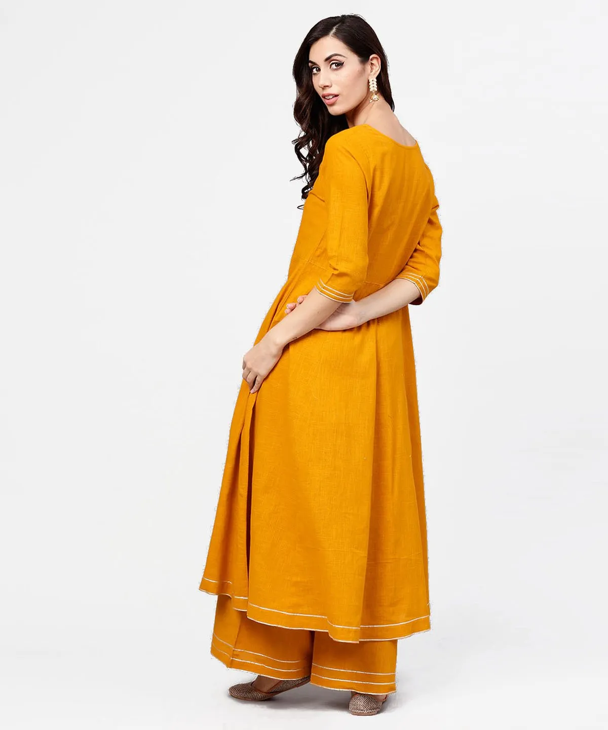 Yellow 3/4Th Sleeve Cotton Anarkali Kurta With Ankle Length Flared Pallazo With Gotta Work