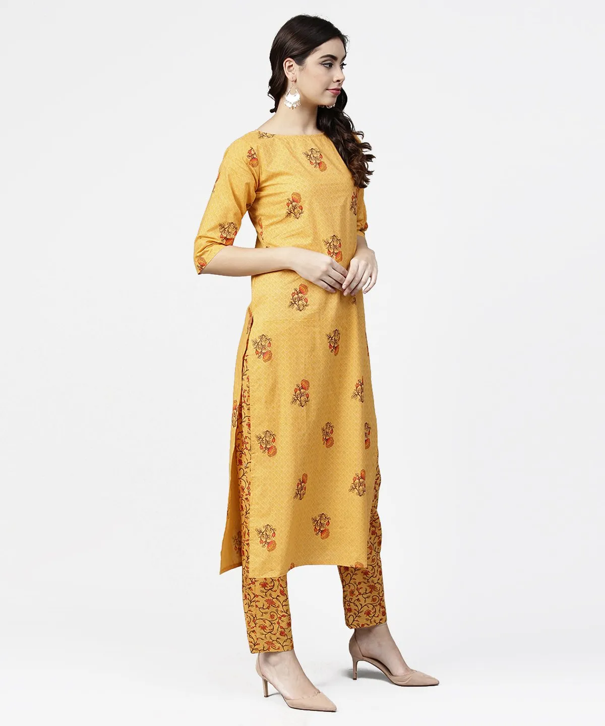 Yellow 3/4Th Sleeve Cotton Kurta With Ankle Length Printed Pallazo