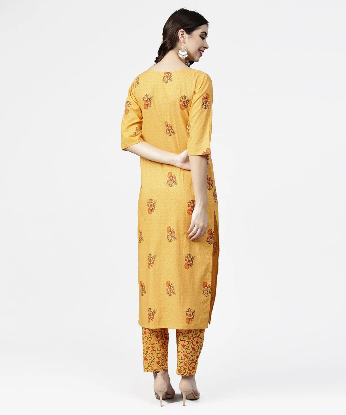Yellow 3/4Th Sleeve Cotton Kurta With Ankle Length Printed Pallazo