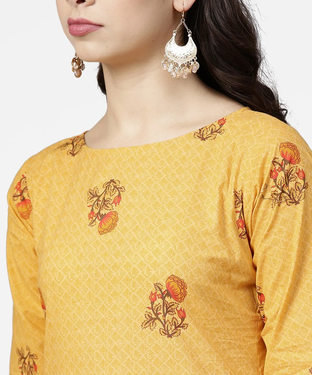 Yellow 3/4Th Sleeve Cotton Kurta With Ankle Length Printed Pallazo