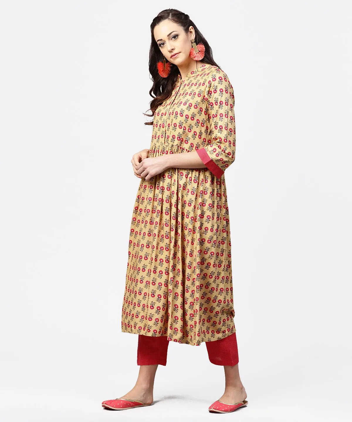 Yellow 3/4Th Sleeve Printed Cotton Anarkali Kurta With Pink Pant