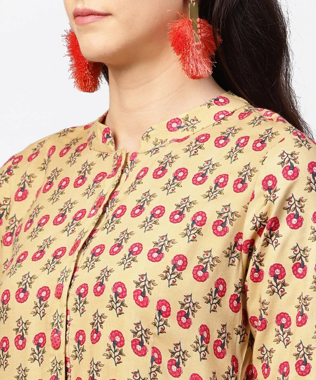 Yellow 3/4Th Sleeve Printed Cotton Anarkali Kurta With Pink Pant