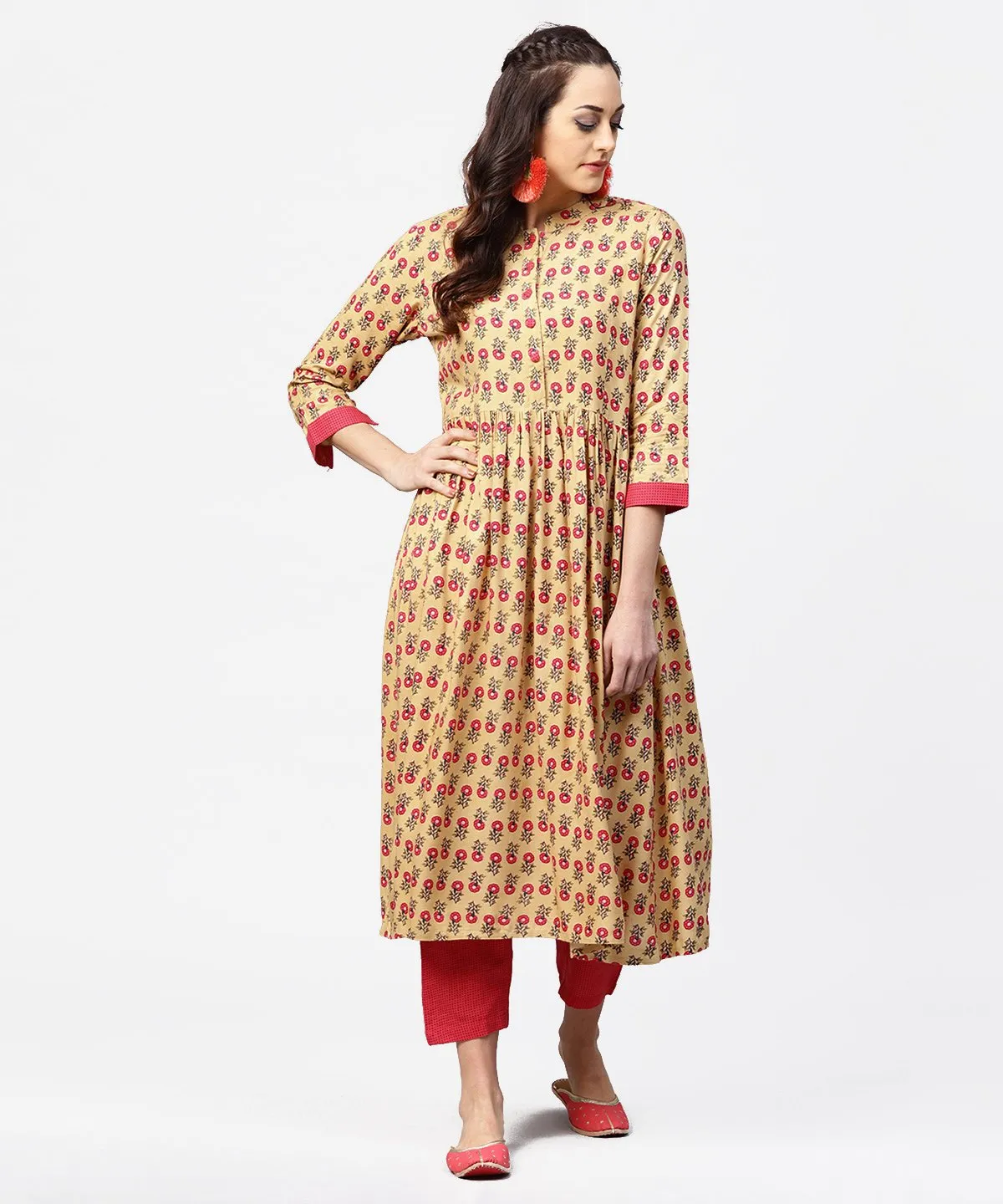 Yellow 3/4Th Sleeve Printed Cotton Anarkali Kurta With Pink Pant