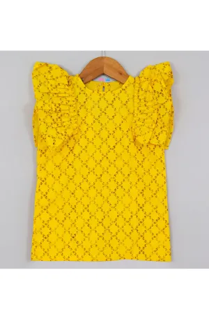 Yellow Printed Ruffle Sleeves Cotton Dress